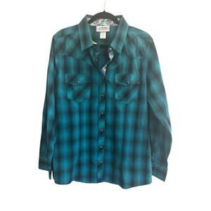 Back In The Saddle Women XL Western Teal Green Plaid Shirt Snap Floral #4924